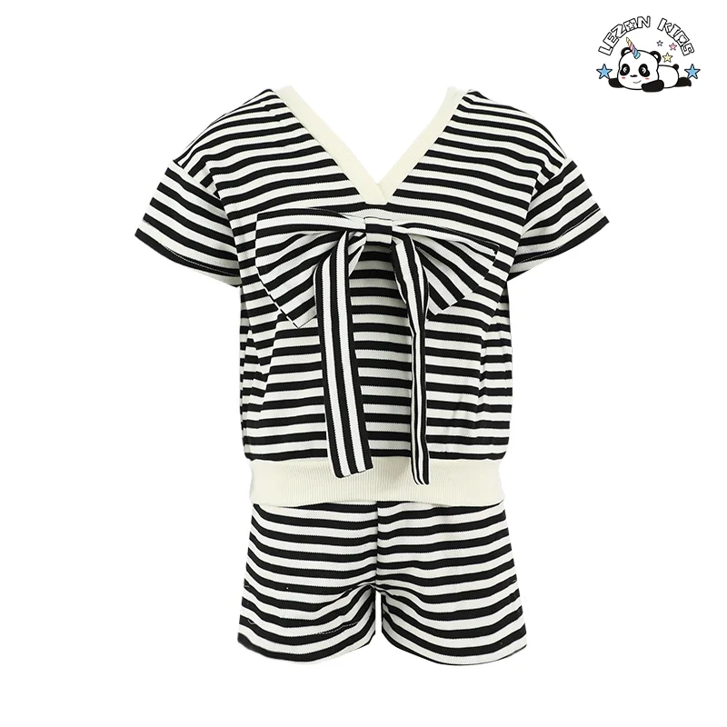 LEZONKIDS - Conjuntos de Roupas para Meninas Pequenas Camisa com Laço de Decote em V Conjunto de Meninas com Listras Curtas Atacado de Fábrica MOQ Baixo Conjunto de Roupas para Crianças Personalizado